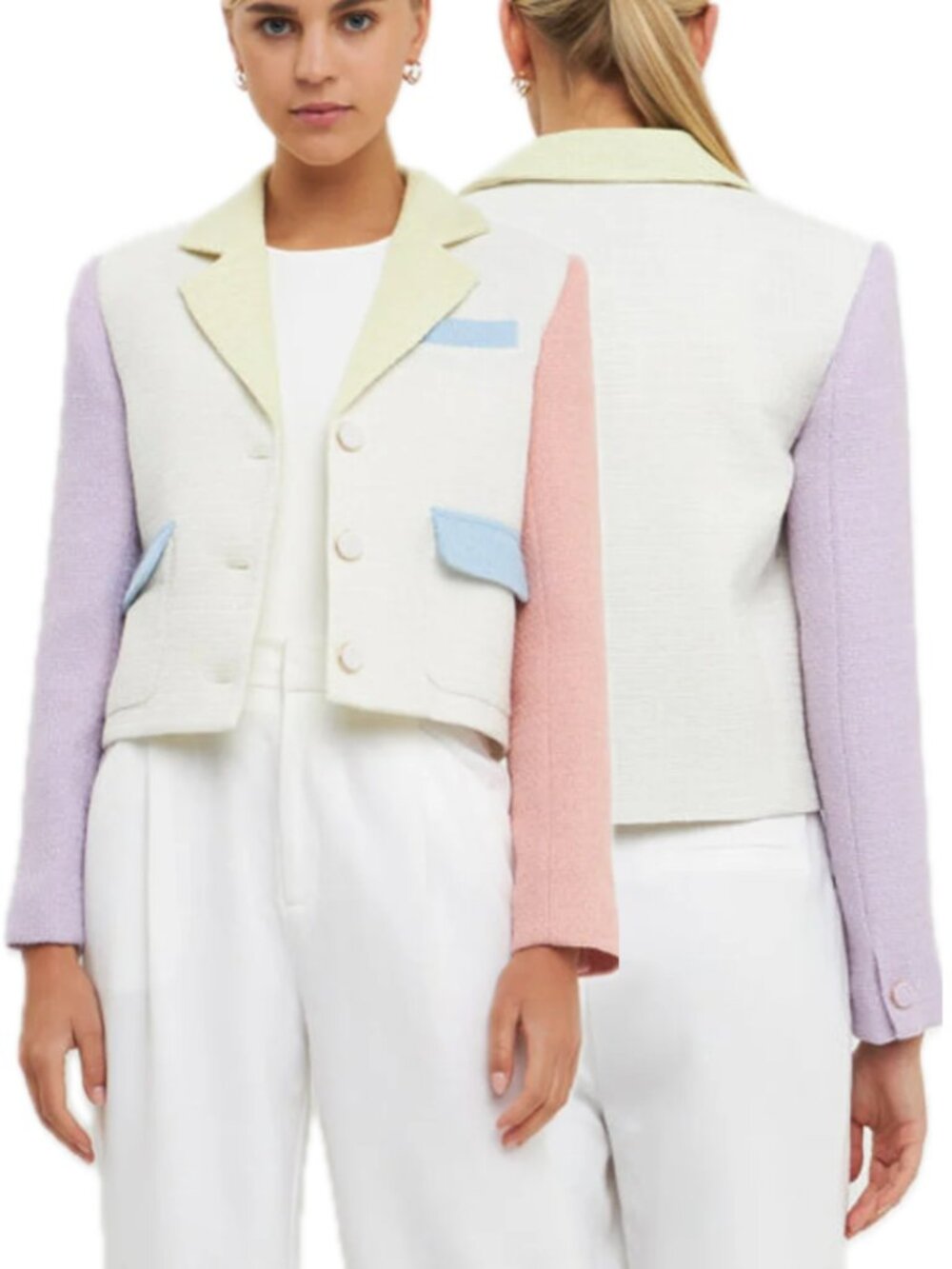 Endless Rose Tweed Color-Block Boxy Cropped Blazer (Pastel Multi)